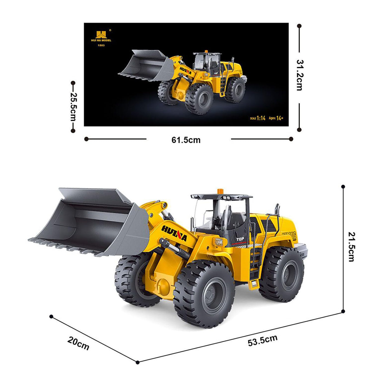 HUINA 1583 1:14 Scale RC Wheel Loader | 2.4GHz 10CH Remote Control Construction Vehicle with Electric Lifting Bucket, Lights & Sound | 14+