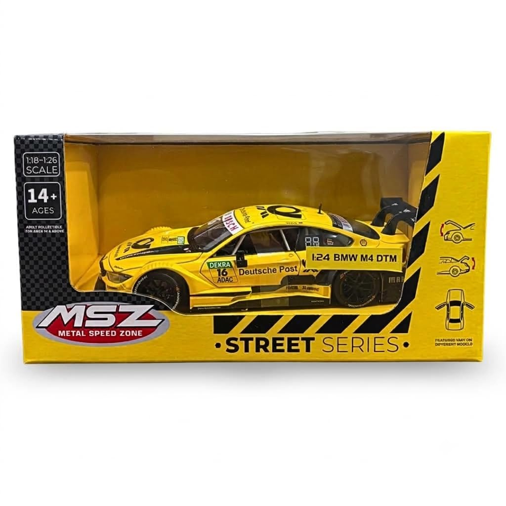 MSZ 1:24 Scale BMW M4 DTM Racing Diecast Model Car – Yellow Deutsche Post Edition, Metal Body Collectible with Detailed Interior, Opening Features & Display Model for Ages 14+