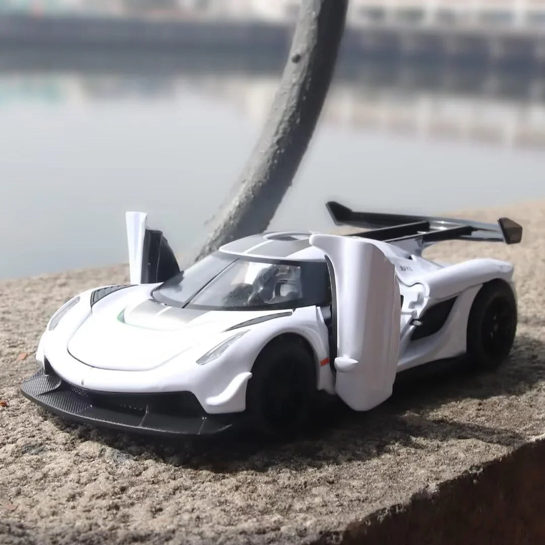 1:32 Koenigsegg Jesko Die-Cast Metal Model Car – Pull Back Toy Car with Openable Doors, Light & Music (White) - Jaiman Toys