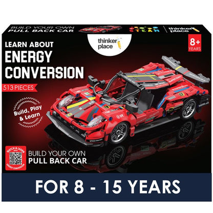 ThinkerPlace 1:18 DIY Blocks Pull-Back Car – Red | Buildable STEM Construction Racing Toy for Kids 8+