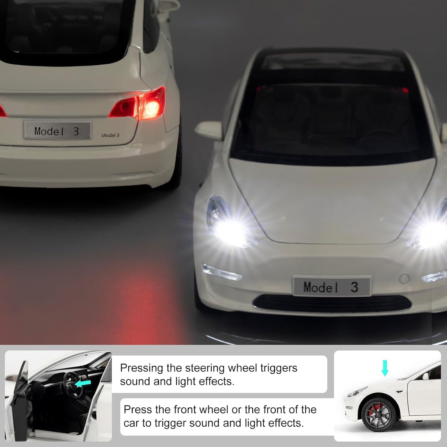 Joy Junction 1:24 Scale Tesla Model 3 Diecast Car Model with Sound & Light – Pull Back Metal Toy Car for Kids & Collectors (White)