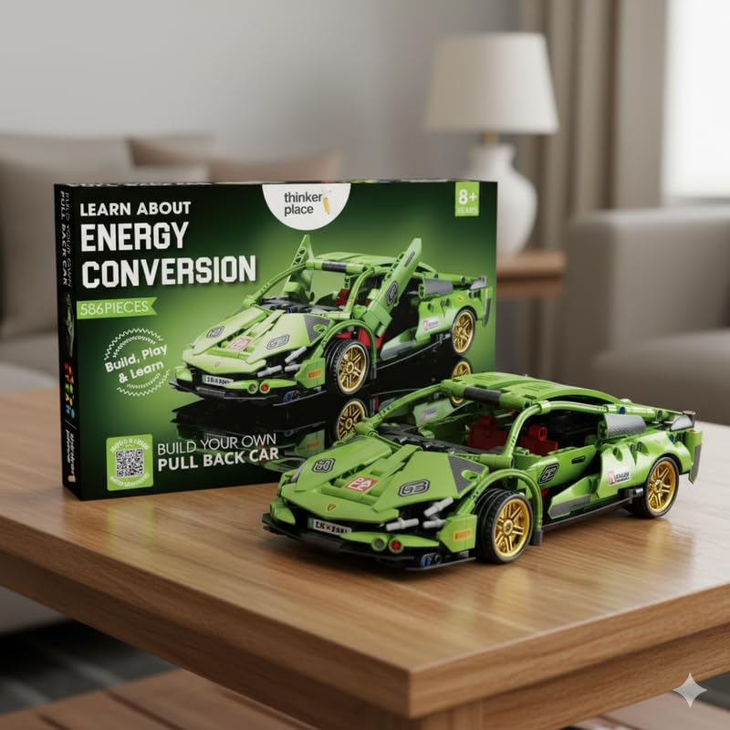 Thinker Place 1:18 DIY Blocks Pull-Back Car – Green | Buildable STEM Construction Racing Toy for Kids 8+