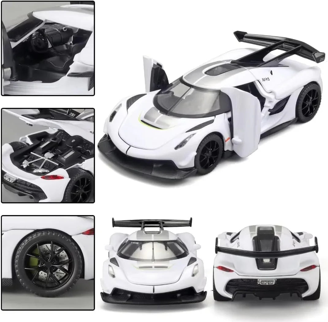 1:32 Koenigsegg Jesko Die-Cast Metal Model Car – Pull Back Toy Car with Openable Doors, Light & Music (White) - Jaiman Toys