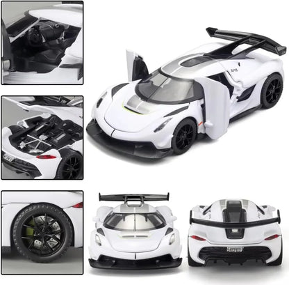 1:32 Koenigsegg Jesko Die-Cast Metal Model Car – Pull Back Toy Car with Openable Doors, Light & Music (White) - Jaiman Toys