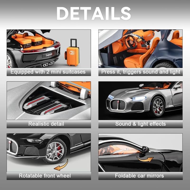 Joy Junction Bugatti Chiron Atlantic 1:24 Scale Die-Cast Model Car with Sound, Light & Pull Back Action – Premium Metal Collectible (Black)