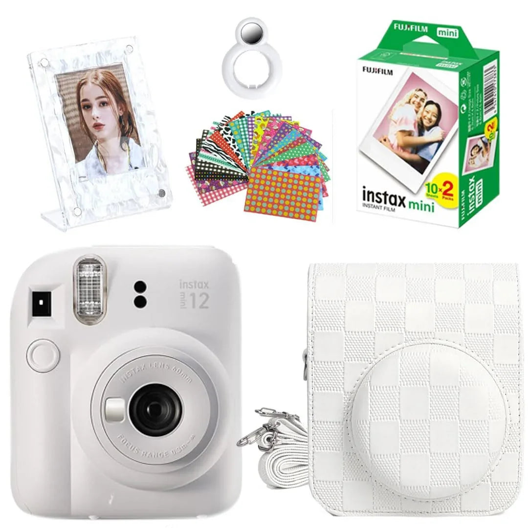 Fujifilm Instax Mini 12 Instant Camera + 20 Shots Films + 1x Chessboard PU Camera Case + 10x Photo Sticker + 1x Photo Stand + 1x Close up Selfie Lens (Clay White, Mini 12) - Jaiman Toys