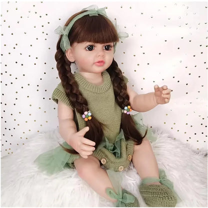 Lifelike Reborn Baby Girl Doll – Toddler with Realistic Sound & Brown Hair And Light Green Knitted Outfit With A Soft Net Skirt