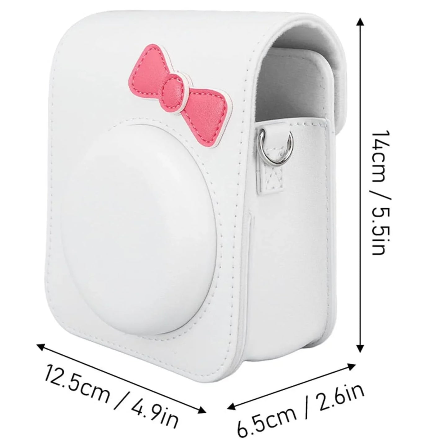 Chic Charm – White Bowknot PU Leather Camera Case for Instax Mini 12 with Strap -White - Jaiman Toys