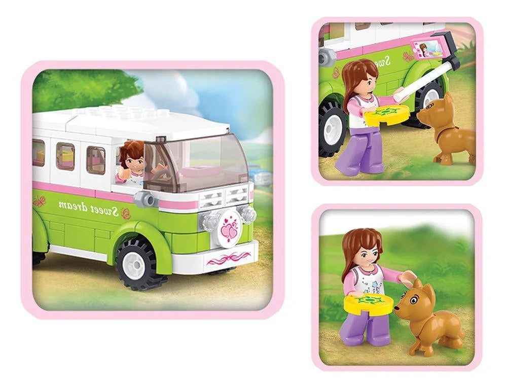 Sluban Girl's Dream Camper Van Building Block Set M38-B0523 | 158 Pieces | Travel Camper Construction Toy with Mini Figure & Pet | Educational Building Set for Kids