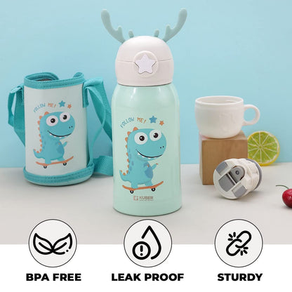 Kids Insulated Stainless Steel Water Bottle with Cup & Carry Pouch – Leakproof School Bottle (Dinosaur Design)