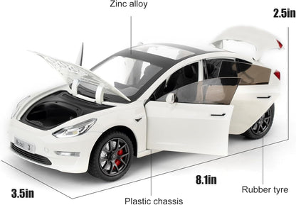 Joy Junction 1:24 Scale Tesla Model 3 Diecast Car Model with Sound & Light – Pull Back Metal Toy Car for Kids & Collectors (White)