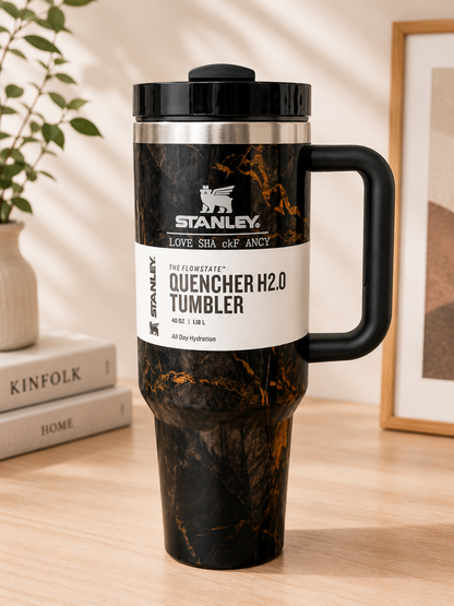 STANLEY Quencher H2.0 FlowState Tumbler 40 oz (1.18L) Black Marble Edition Insulated Stainless Steel Travel Mug
