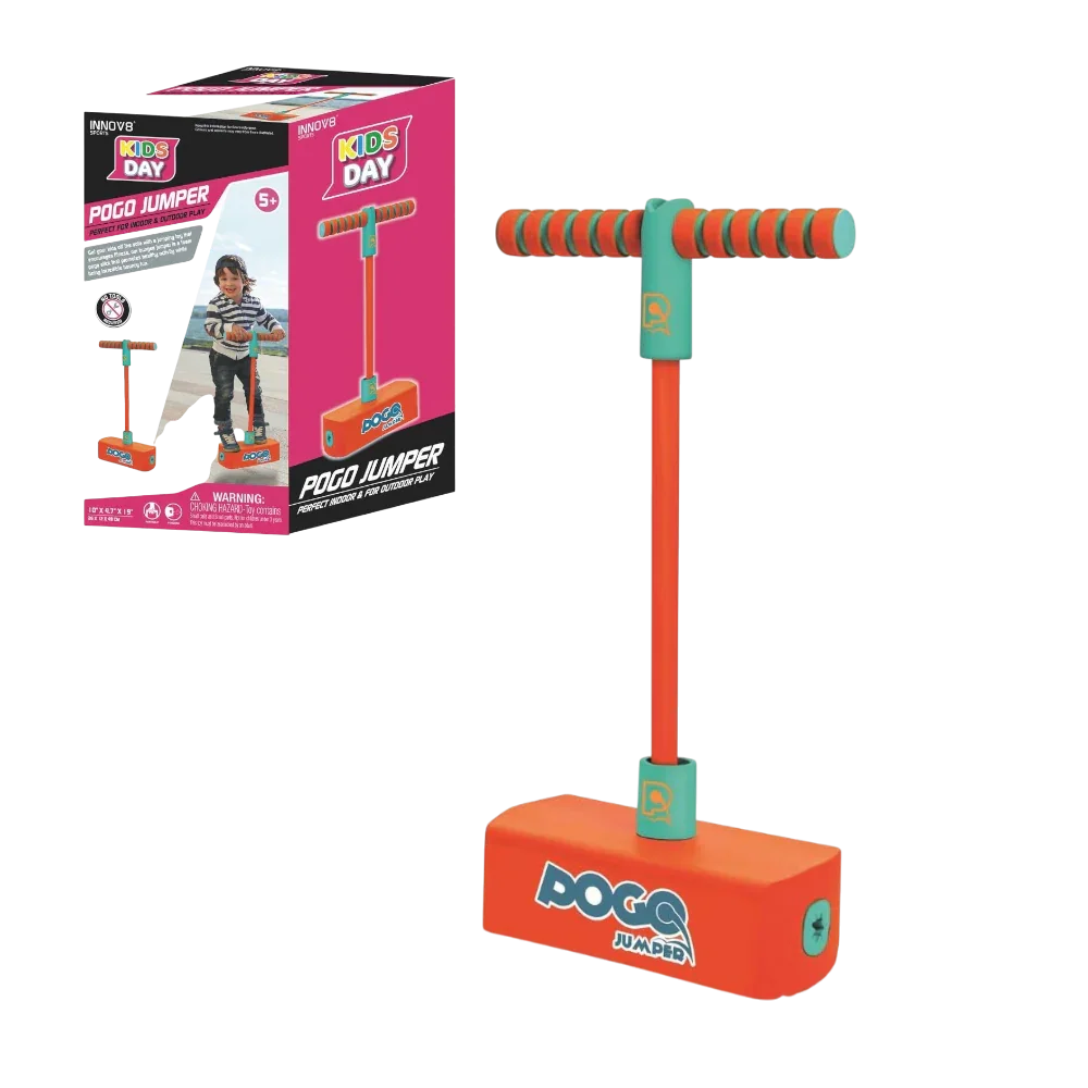 Innov8 Pogo Jumper, Kids Active Play Toy with Foam Base, Squeaking Sound, Indoor Outdoor Use, Ages 5+, Orange/Mint - Jaiman Toys
