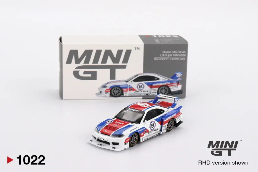 Mini GT 1:64 Scale #1887 LB★WORKS Lamborghini Aventador Limited Edition Matte Black+ Nissan LBWK S15 Silvia GARASIDRIFT 2025 Die-Cast Model Cars