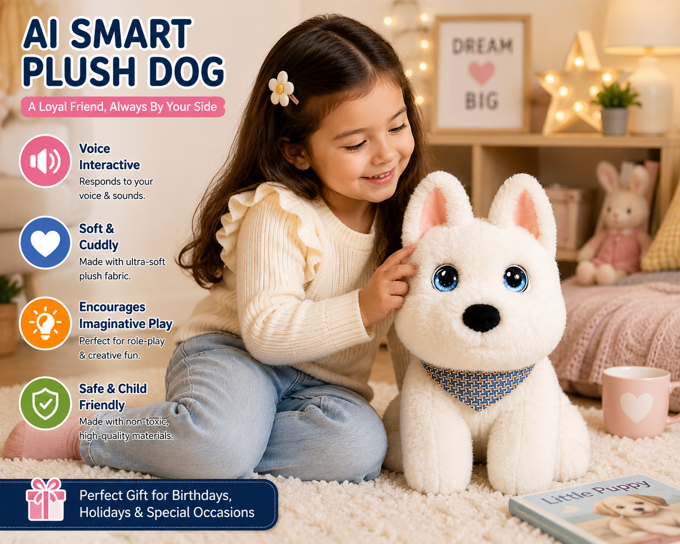 Breatoi! AI Smart Interactive Plush Dog Toy with Voice Interaction, Soft Stuffed Puppy Companion, Talking & Sound Responsive Plush Animal for Kids | Gift for Boys & Girls 3+ Years - White