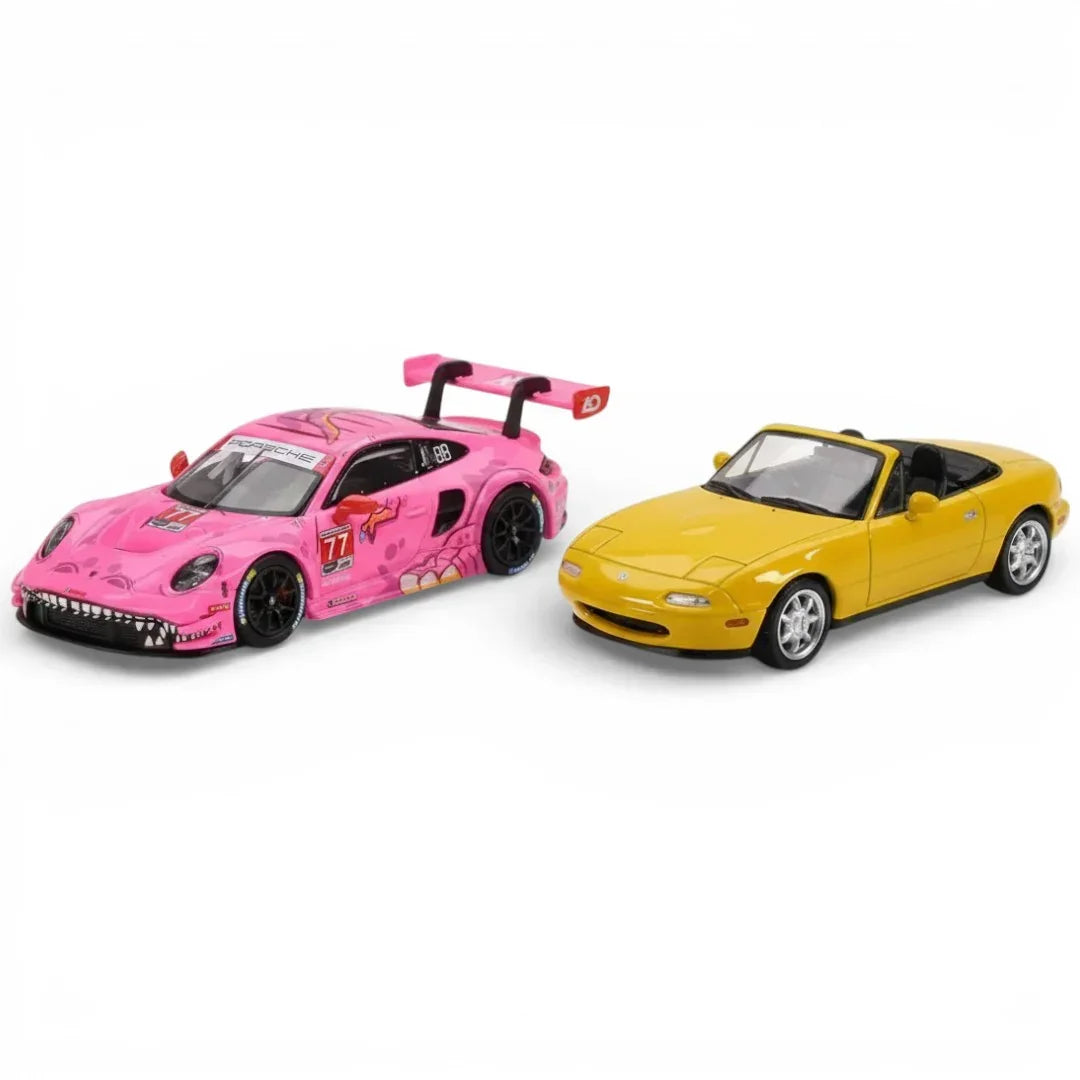 Mini GT 1:64 Roxy Porsche 911 GT3 R #77 IMSA 2024 & Mazda Miata MX-5 NA Yellow Diecast Duo