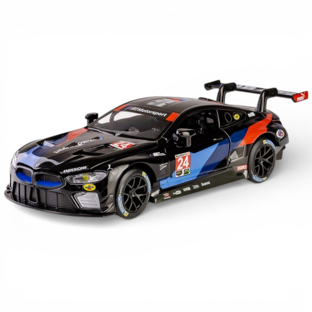 RMZ Hobby 1:32 BMW M8 GTE Die-Cast Model Car – Black |Pull Back, Openable Doors, Light & Sound (664996)