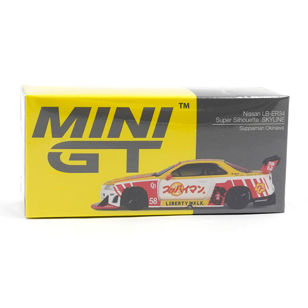 MINI GT 1:64 Nissan LB-ER34 Super Silhouette Skyline Suppaiman Okinawa #58 Liberty Walk Die-Cast Model Car