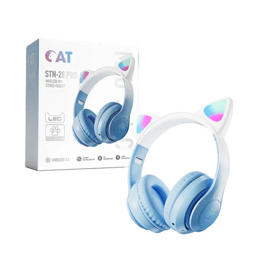 CAT STN-28 Pro Wireless Ear Headphones – Bluetooth 5.3 HiFi Stereo Headset with LED RGB Lights & Mic (Blue) - Jaiman Toys