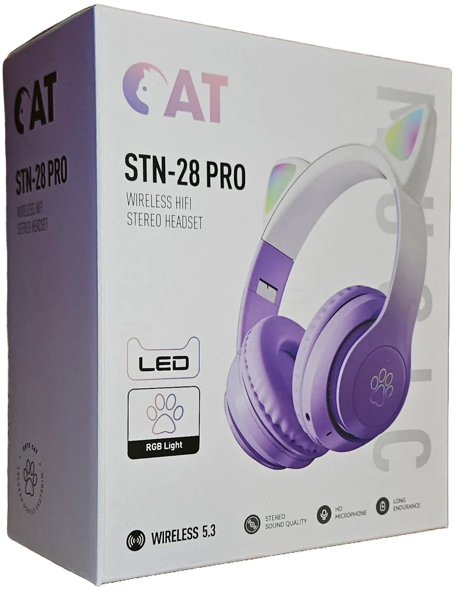 CAT STN-28 Pro Wireless Ear Headphones – Bluetooth 5.3 HiFi Stereo Headset with LED RGB Lights & Mic (Purple) - Jaiman Toys