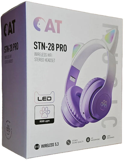 CAT STN-28 Pro Wireless Ear Headphones – Bluetooth 5.3 HiFi Stereo Headset with LED RGB Lights & Mic (Purple) - Jaiman Toys