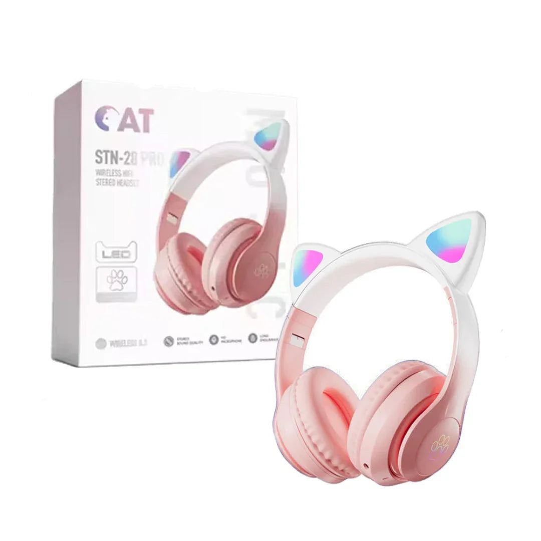 CAT STN-28 Pro Wireless Ear Headphones – Bluetooth 5.3 HiFi Stereo Headset with LED RGB Lights & Mic (Pink) - Jaiman Toys
