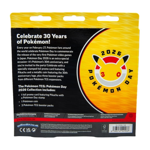 Pokemon TCG Pokemon Day 2026 Collection – Pikachu | Stamped Foil Promo Card + 30th Anniversary Coin + 3 Booster Packs