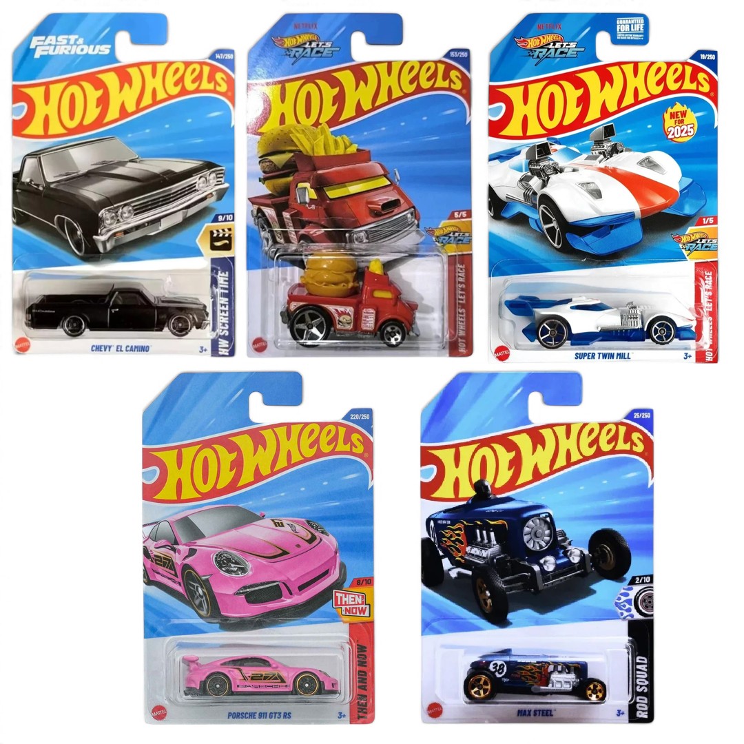 Hot Wheels 1:64 5-Car Collector Set – Chevy El Camino, Max Steel, Porsche 911 GT3 RS, Super Twin Mill & Buns of Steel