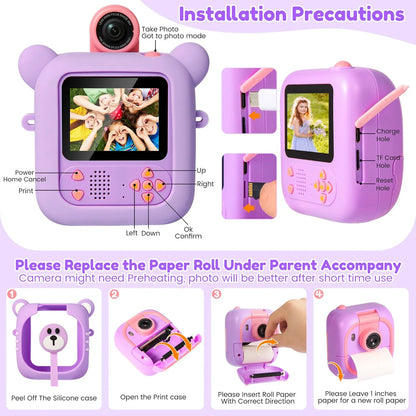 Instant Print Kids Camera – 48MP 1080P Video Toy with Rotating Lens &  Rolls - Purple