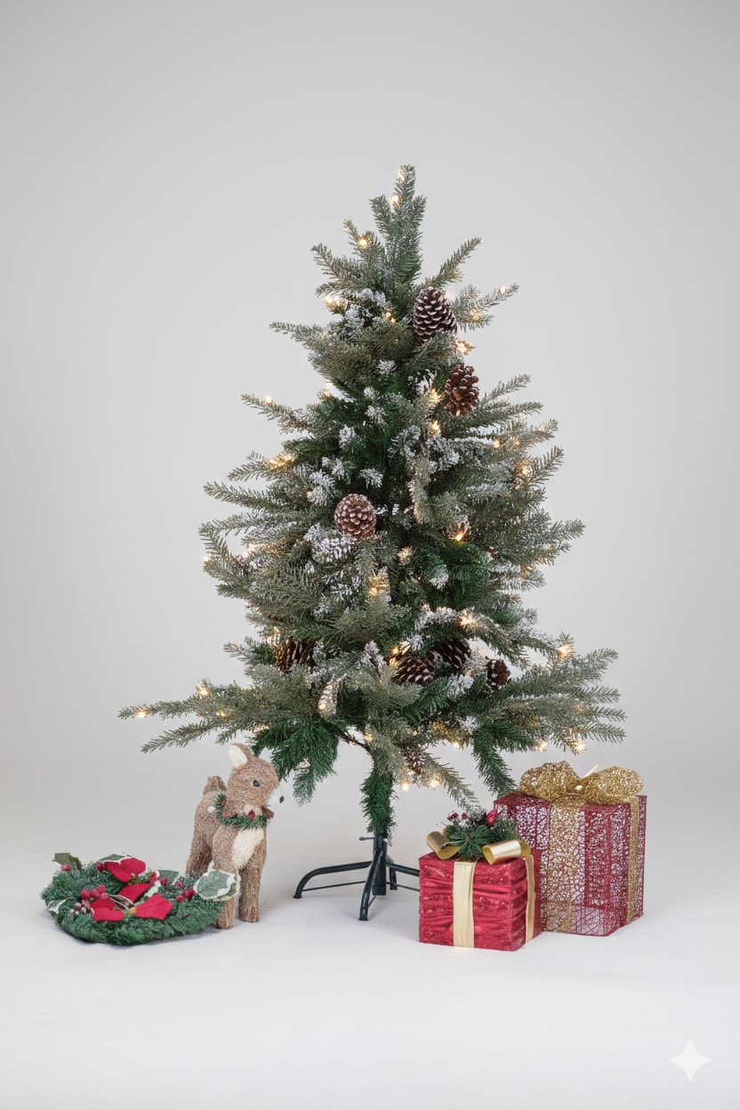 SWEN Balsam 4-Feet Christmas Tree with Light Frosting & Large Pine Cones | Premium Snow-Kissed Holiday Décor