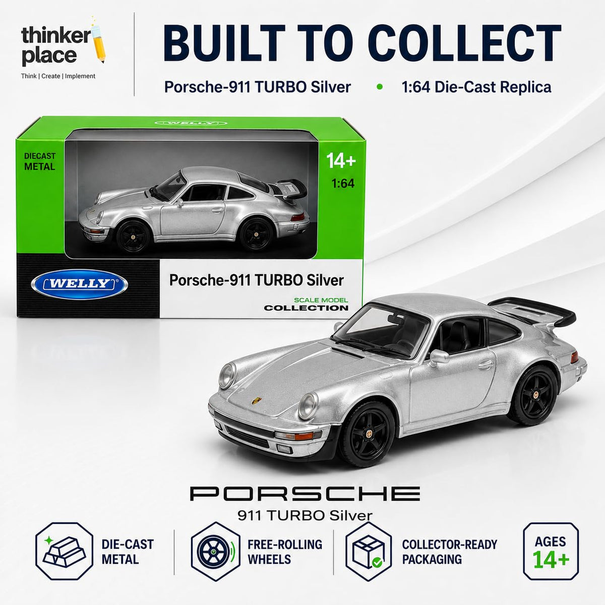 Welly 1:64 Porsche 911 Turbo Silver Die-Cast Metal Model Car