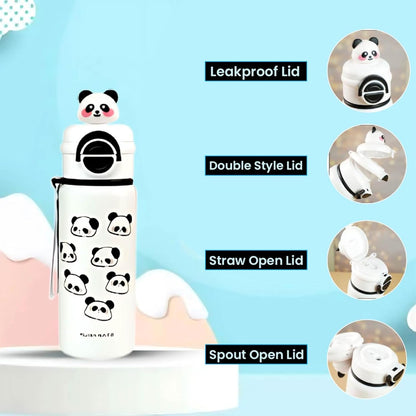 Panda Kids Water Bottle 500ML with Straw Lid – Leakproof Cartoon School Water Bottle for Children (White)