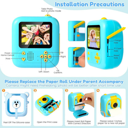 Instant Print Kids Camera – 48MP 1080P Digital Video Toy with Rotating Lens