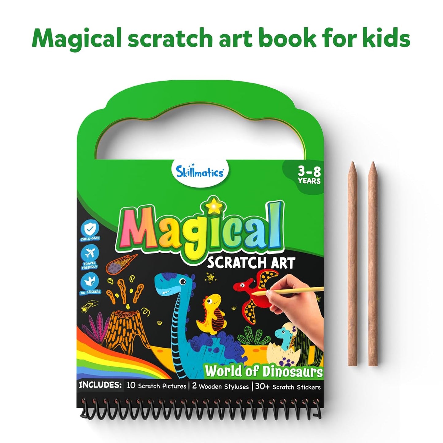 Skillmatics Magical Scratch Art Book for Kids - Dinosaurs, Craft Kits & Supplies, DIY Activity & Stickers, Gifts for Toddlers, Girls & Boys Ages 3, 4, 5, 6, 7, 8, Travel Toys