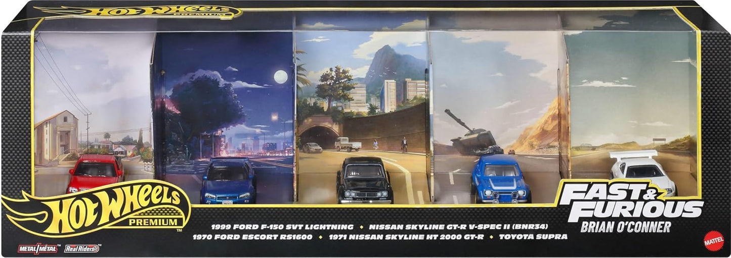 Hot Wheels Premium Fast & Furious Brian O'Conner 5-Car Collector Set | 1:64 Scale Die-Cast Vehicles | Ford F-150 SVT Lightning, Nissan Skyline GT-R, Ford Escort RS1600 & Toyota Supra | Mattel