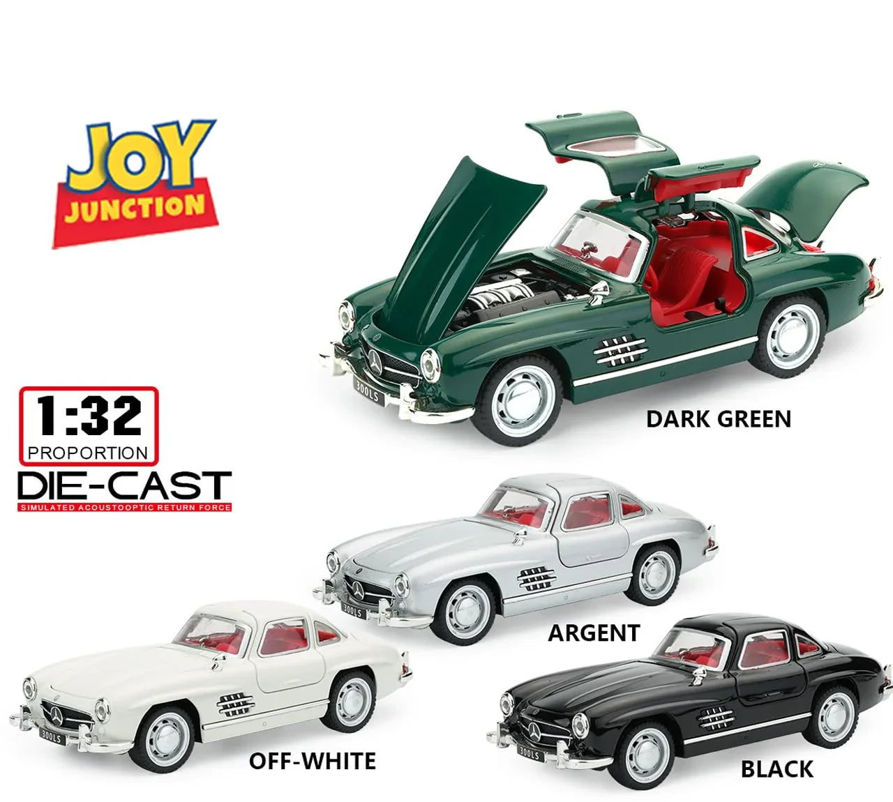 JOY JUNCTION Mercedes-Benz 300SL 1:32 Scale Alloy Metal Pullback Die-Cast Car – Black with Lights, Music & Openable Doors - Jaiman Toys