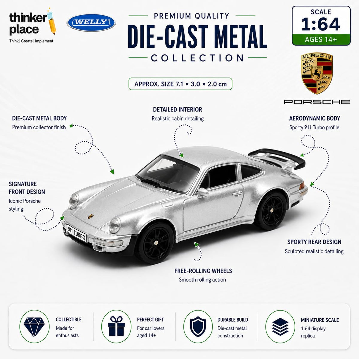Welly 1:64 Porsche 911 Turbo Silver Die-Cast Metal Model Car
