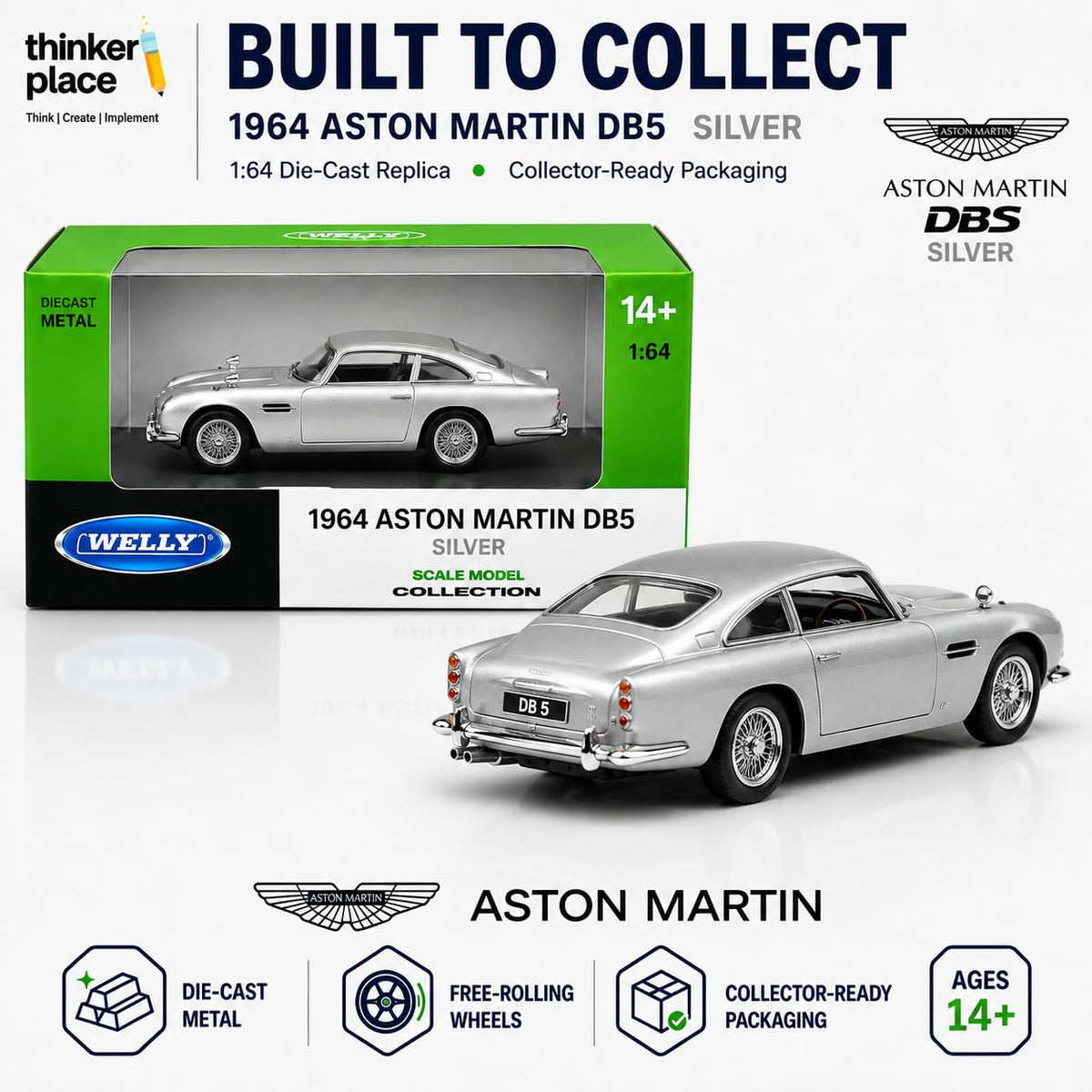 Welly 1:64 Aston Martin DB5 1964 Silver Die-Cast Metal Model Car