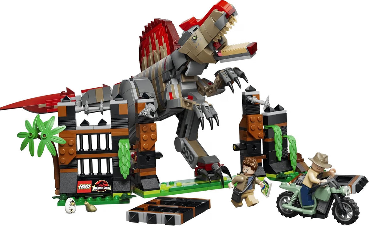 LEGO 77982 Jurassic World Spinosaurus Dinosaur Escape – 820-Piece Posable Dinosaur Playset with 2 Minifigures, Ages 9+