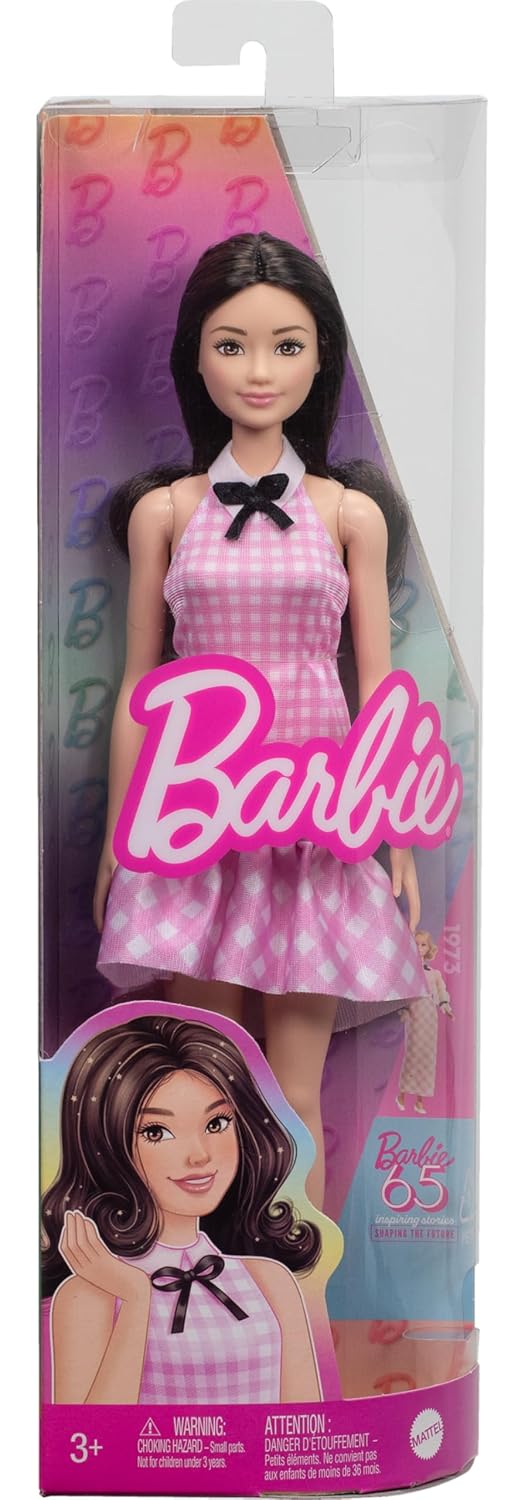 Barbie Fashionistas Doll #224 – 65th Anniversary Collectible with Black Wavy Hair & Pink Gingham Dress