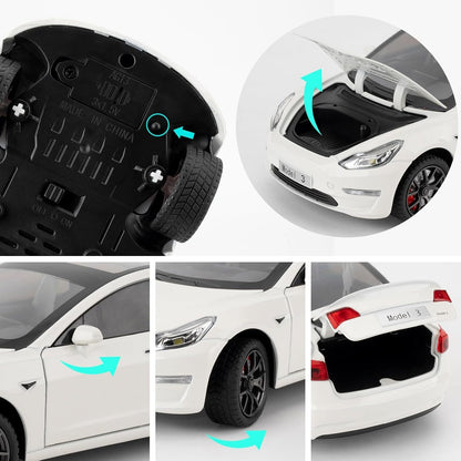 Joy Junction 1:24 Scale Tesla Model 3 Diecast Car Model with Sound & Light – Pull Back Metal Toy Car for Kids & Collectors (White)