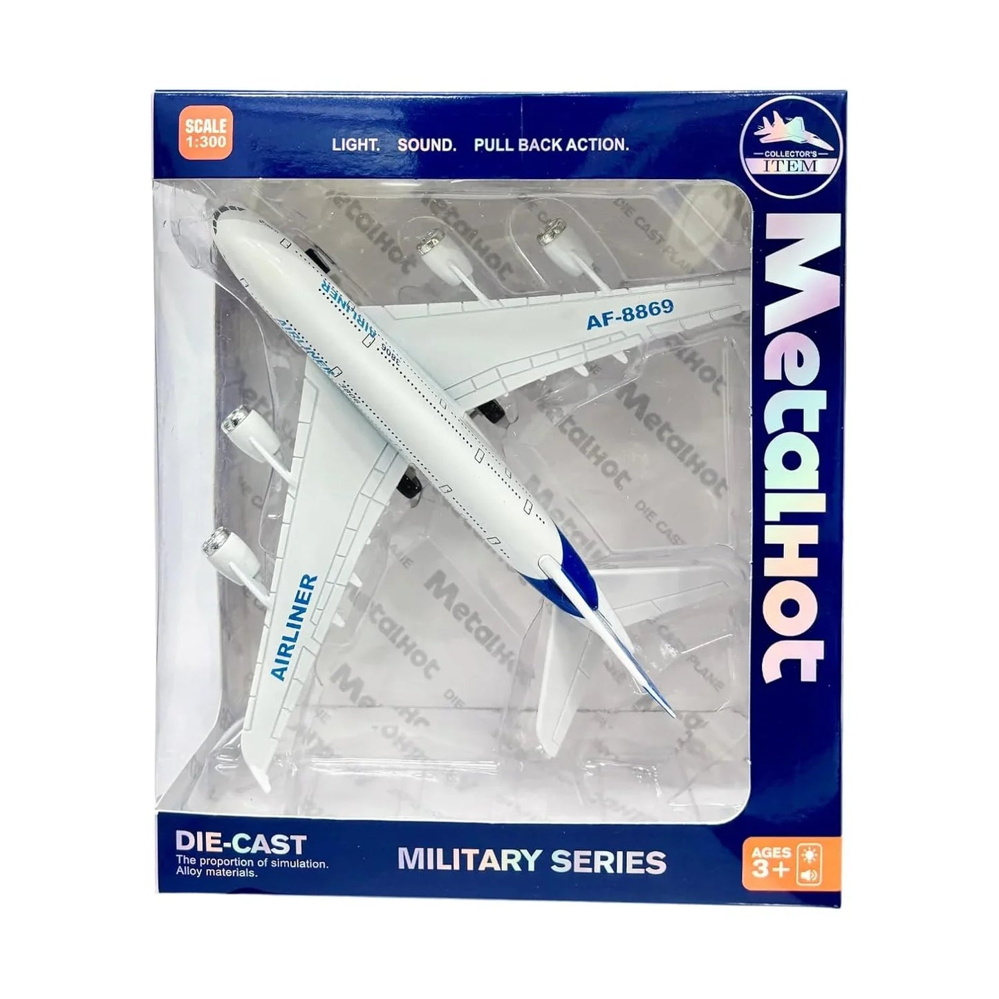MetaHot! 1:300 Scale Die-Cast Airliner Model – Pullback Plane with Lights & Sounds | Realistic Aircraft Collectible - Jaiman Toys