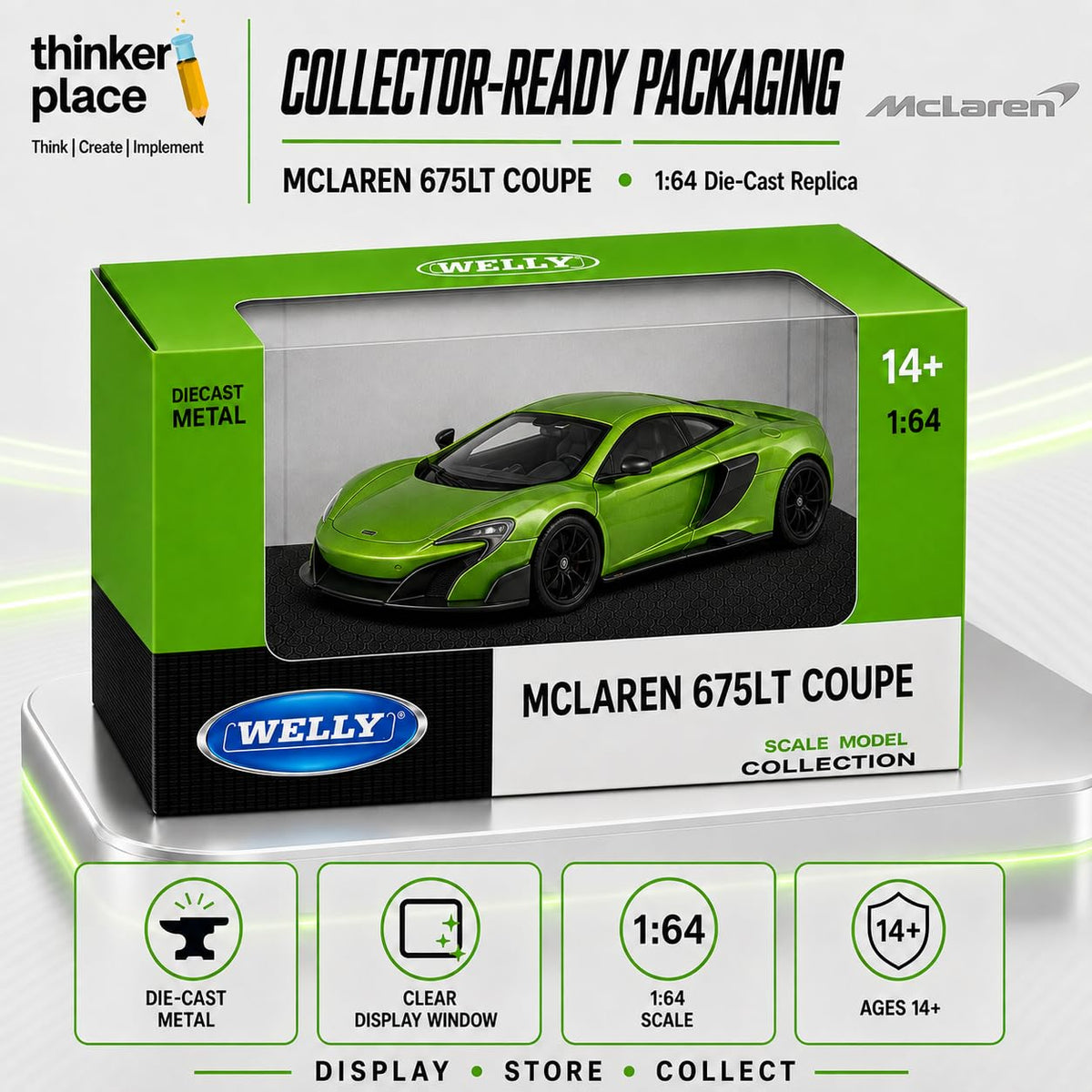 Welly 1:64 McLaren 675LT Coupe Metallic Green Die-Cast Metal Model Car