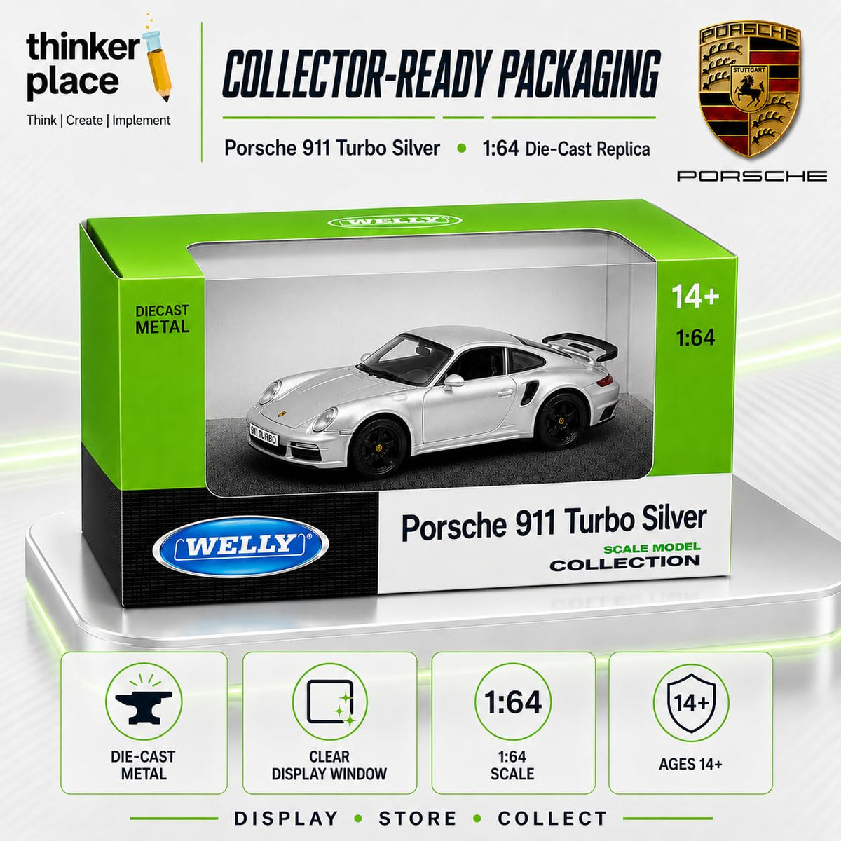 Welly 1:64 Porsche 911 Turbo Silver Die-Cast Metal Model Car