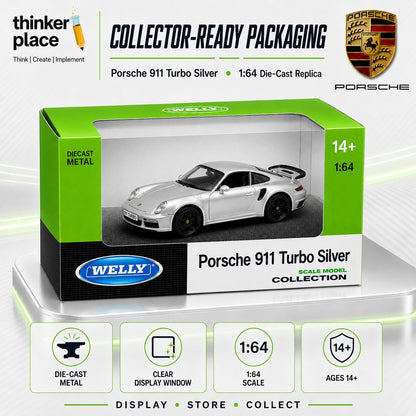 Welly 1:64 Porsche 911 Turbo Silver Die-Cast Metal Model Car