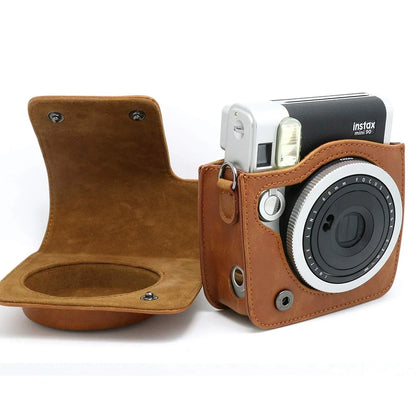 Vintage Charm – Classic PU Leather Case with Strap for Instax Mini 90 Neo Classic - Brown - Jaiman Toys
