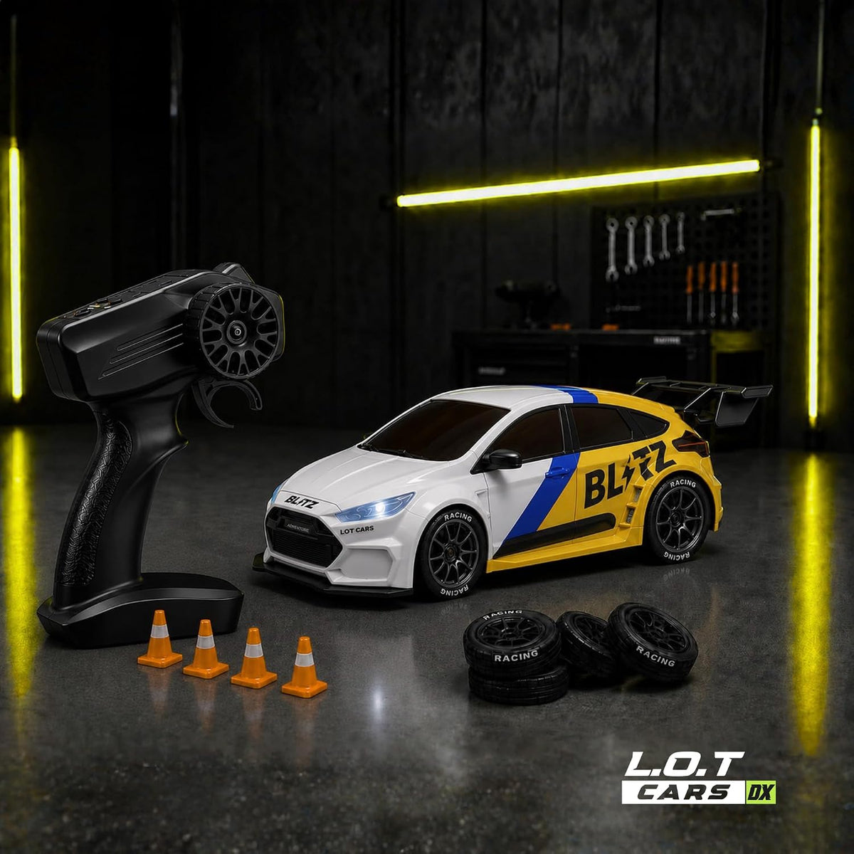 Blitz Remote Control Car with Exhaust Lights | 4x4 RC Drifting Car 20 km/h, 2.4GHz Wireless Remote, 100m Range, Race-Ready ABS Body | White