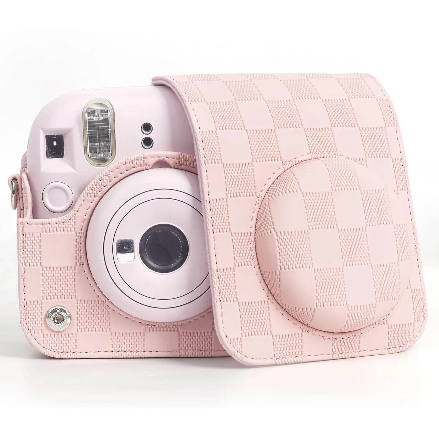 Checkmate Style – Chess Board PU Leather Camera Case for Instax Mini 12 with Adjustable Strap - Blossom Pink - Jaiman Toys