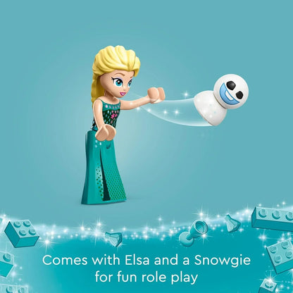 LEGO Elsa mini-doll with Snowgie on blue background, promoting imaginative play for kids.