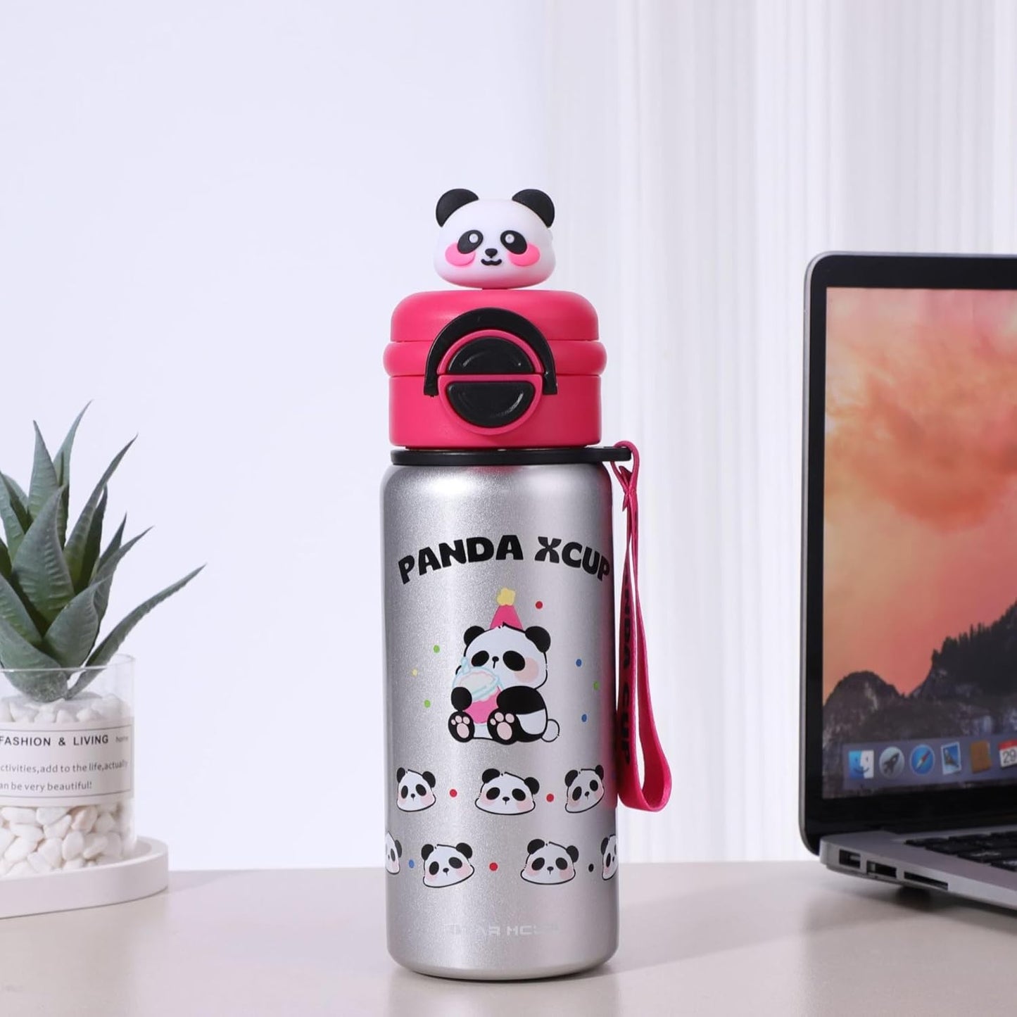 Panda Kids Water Bottle 500ML with Straw Lid – Leakproof Cartoon School Water Bottle for Children (Silver)
